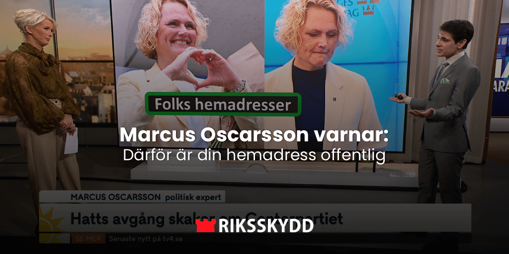 Politiska experten Marcus Oscarsson larmar om riskerna med offentliga hemadresser. Lär dig varför din adress är utlagd och hur du enkelt kan skydda dig och din familj med HemligAdress.