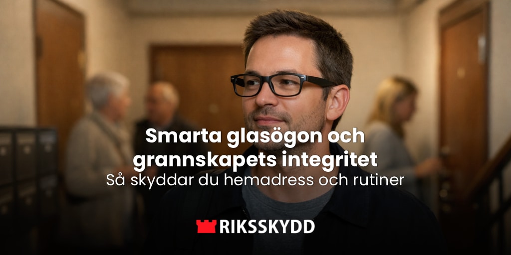 Person med diskreta smarta glasögon passerar genom ett svenskt trapphus medan grannar och dörrar syns oskarpt i bakgrunden.