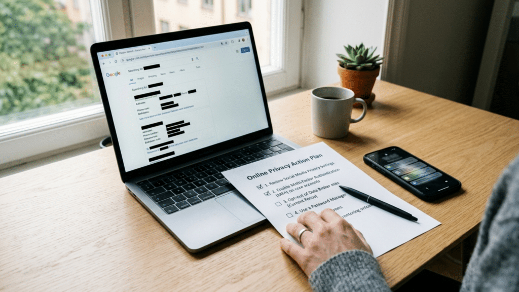 En bild på en person som sitter vid en laptop med en checklista och söker på google efter sina egna personuppgiftger som visas som cencurerade på skärmen