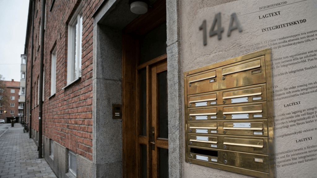 Svensk port med offentliga personnamn på namntavla