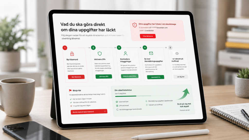 Steg-för-steg-översikt på surfplatta som visar vad du ska göra direkt efter en dataläcka