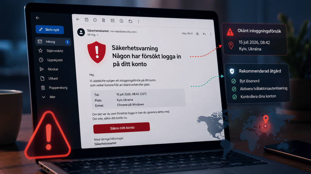 Varningsmejl om ett okänt inloggningsförsök med rekommenderade säkerhetsåtgärder